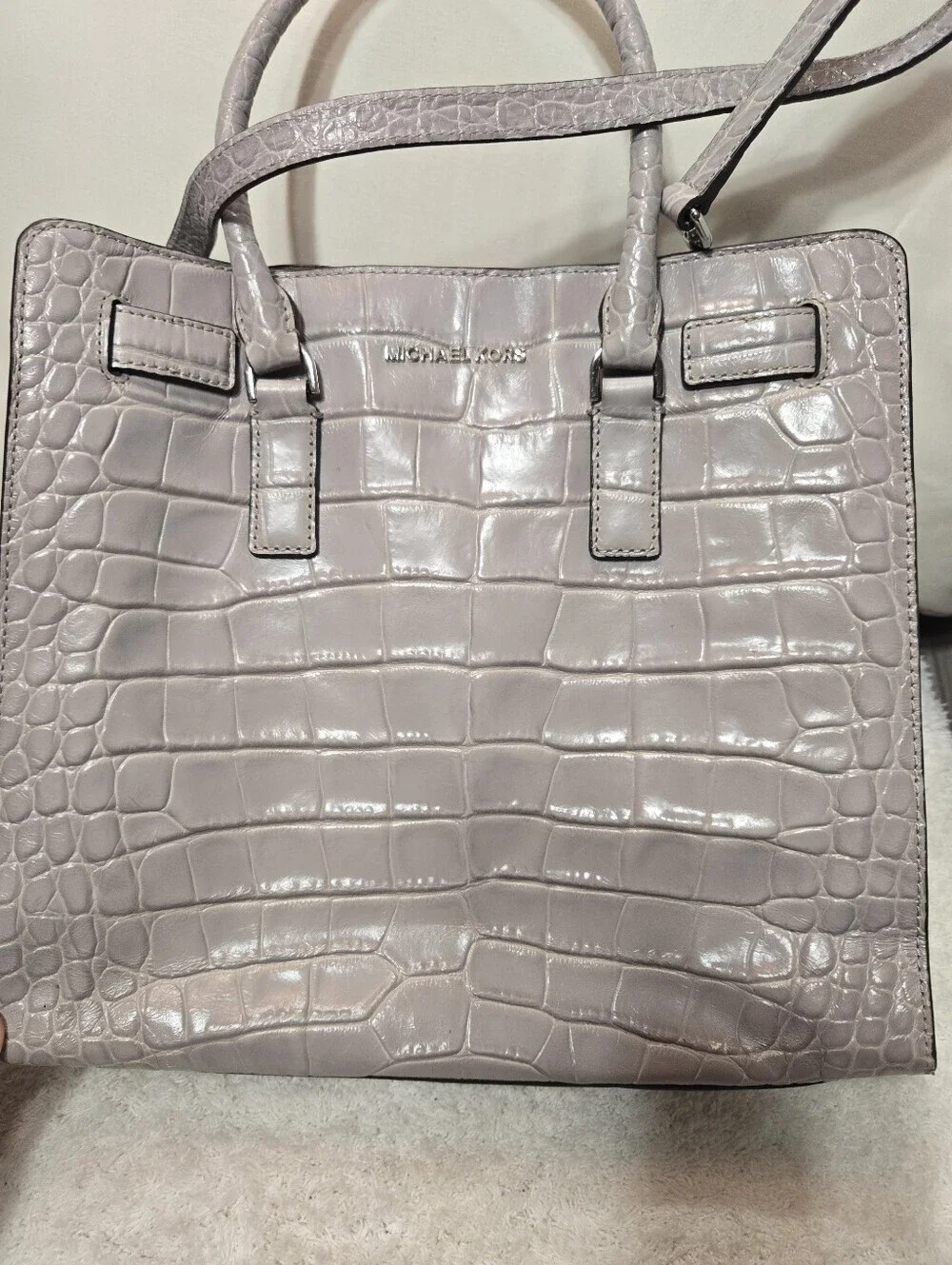 Michael Kors Dillon Satchel Dove Gray Croc Embossed Leather Shoulder Bag